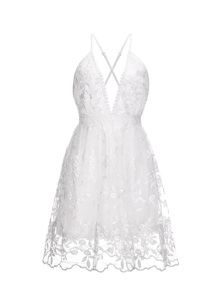 No Tears Here Lace Embroidered V-Neck White Dress