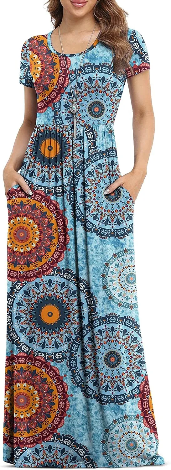 Women's Short Sleeve Loose Plain Maxi Dresses Casual Long Dresses with Pockets