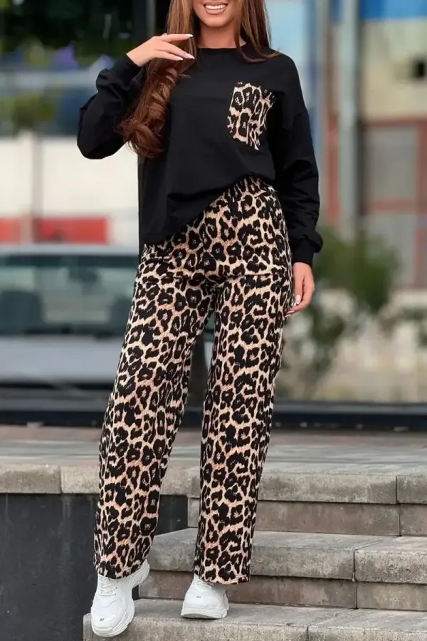 Women's Round Neck Long Sleeve Leopard Print Patchwork Suit