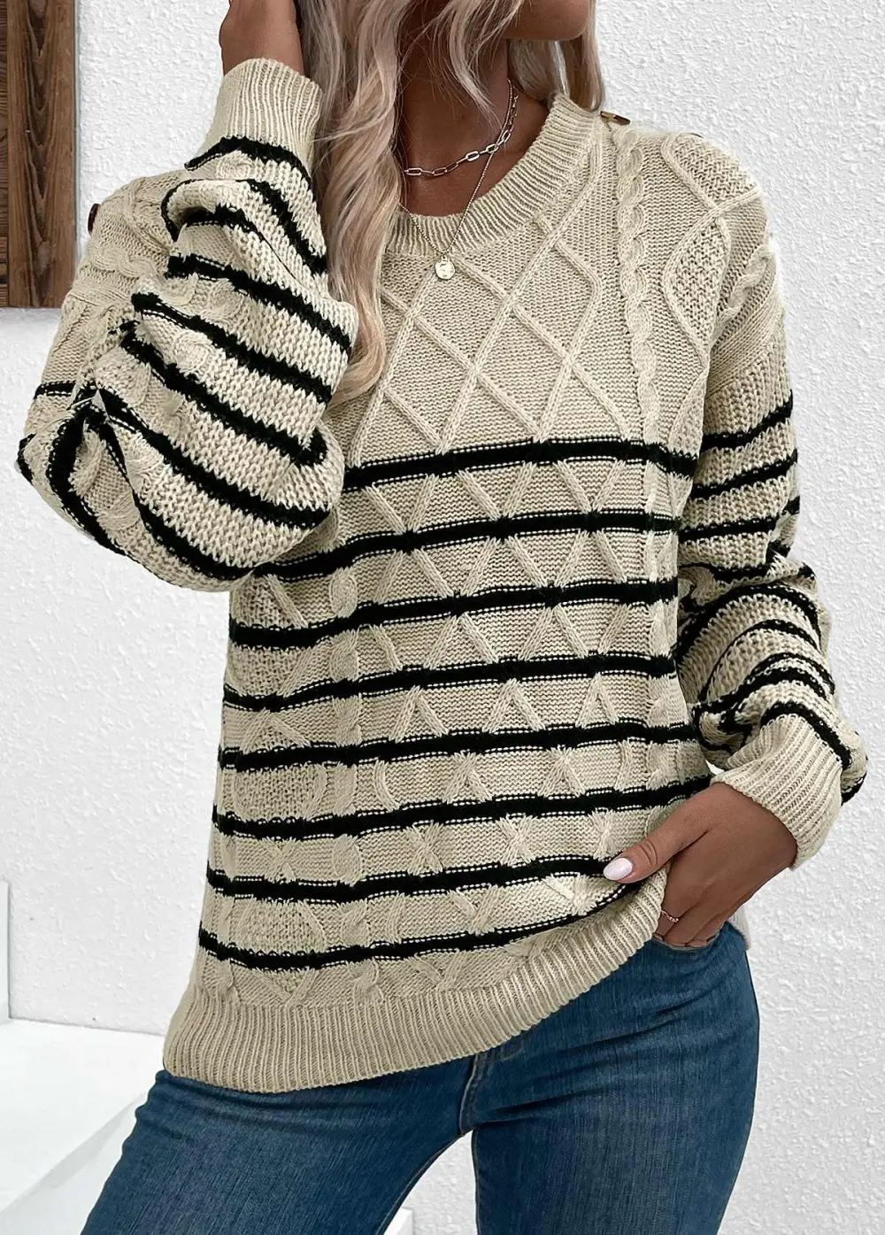 Light Camel Striped Long Sleeve Round Neck Sweater
