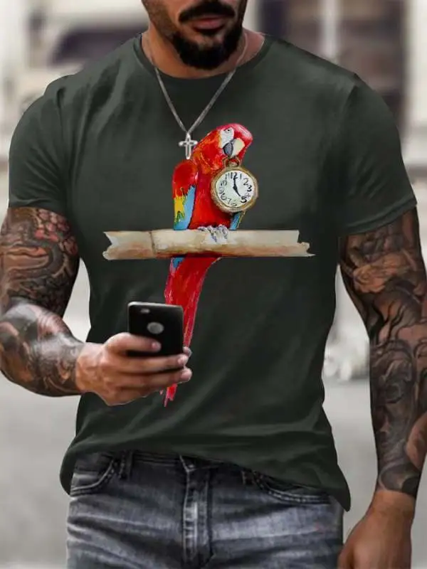 Men's 5 O'clock Parrot Printed Round Neck T-Shirt