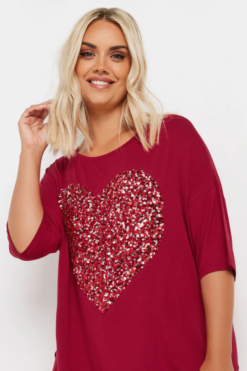 YOURS Curve Red Heart Sequin Embellished T-Shirt