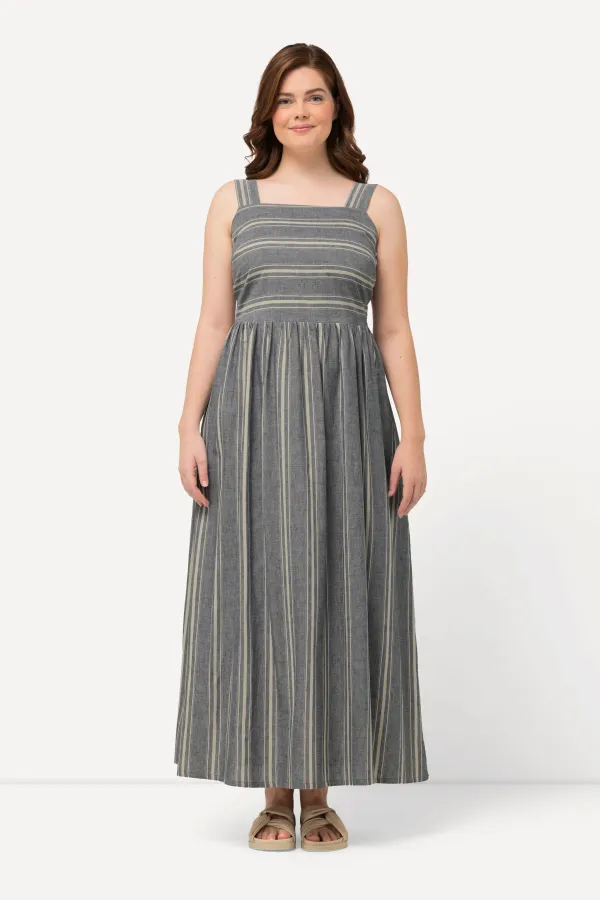 Maxikleid, Streifen, Carree-Ausschnitt, ärmellos, Leinenmix