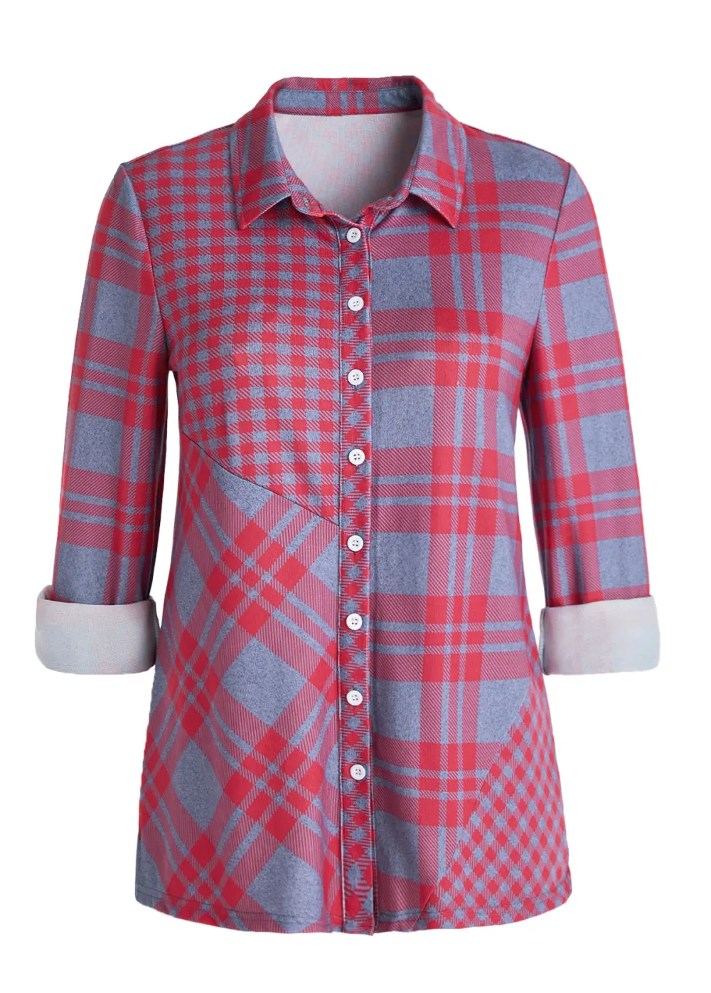 Red Button Plaid Long Sleeve Shirt Collar Blouse