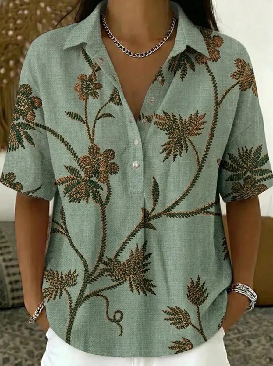Women's Nashville Floral Botanical Printed V-Neck Polo Shirt