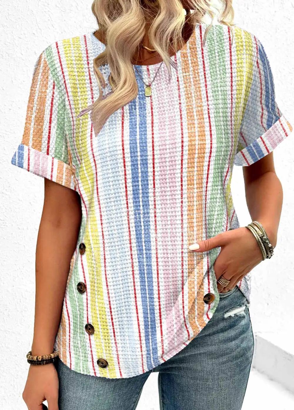 Multi Color Button Striped Short Sleeve T Shirt