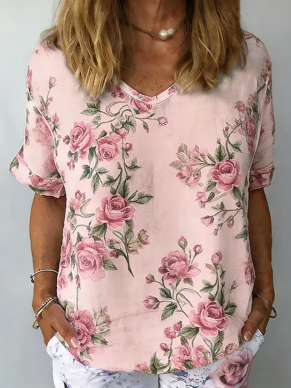 Women's Vintage Rose Vine Print V-Neck Top