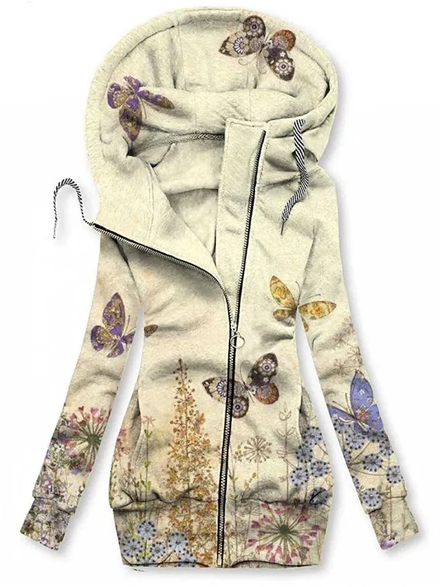 Women's Zip Hoodie Sweatshirt Basic Zip Up Front Pocket Black Pink Blue Floral Butterfly Street Casual Hoodie Long Sleeve Top Micro-elastic Fall & Winter