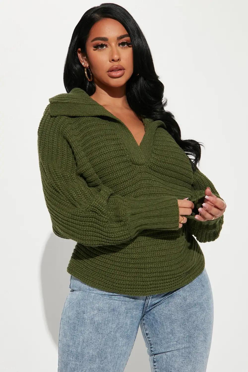 Cozy Rib Knit Collar Sweater - Hunter
