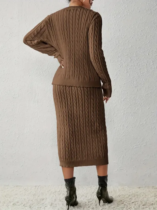 able Knit Solid Two-piece Set, Button Front Long Sleeve Tops & Crew Neck Sleeveless Dress Outfits - Cozy & Stylish - For Women - Perfect for Fall/Winter - Ideal Gift for Fashionable Ladies