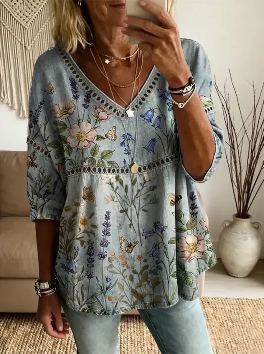 Women's Nashville Floral Butterfly Printed V-Neck Top