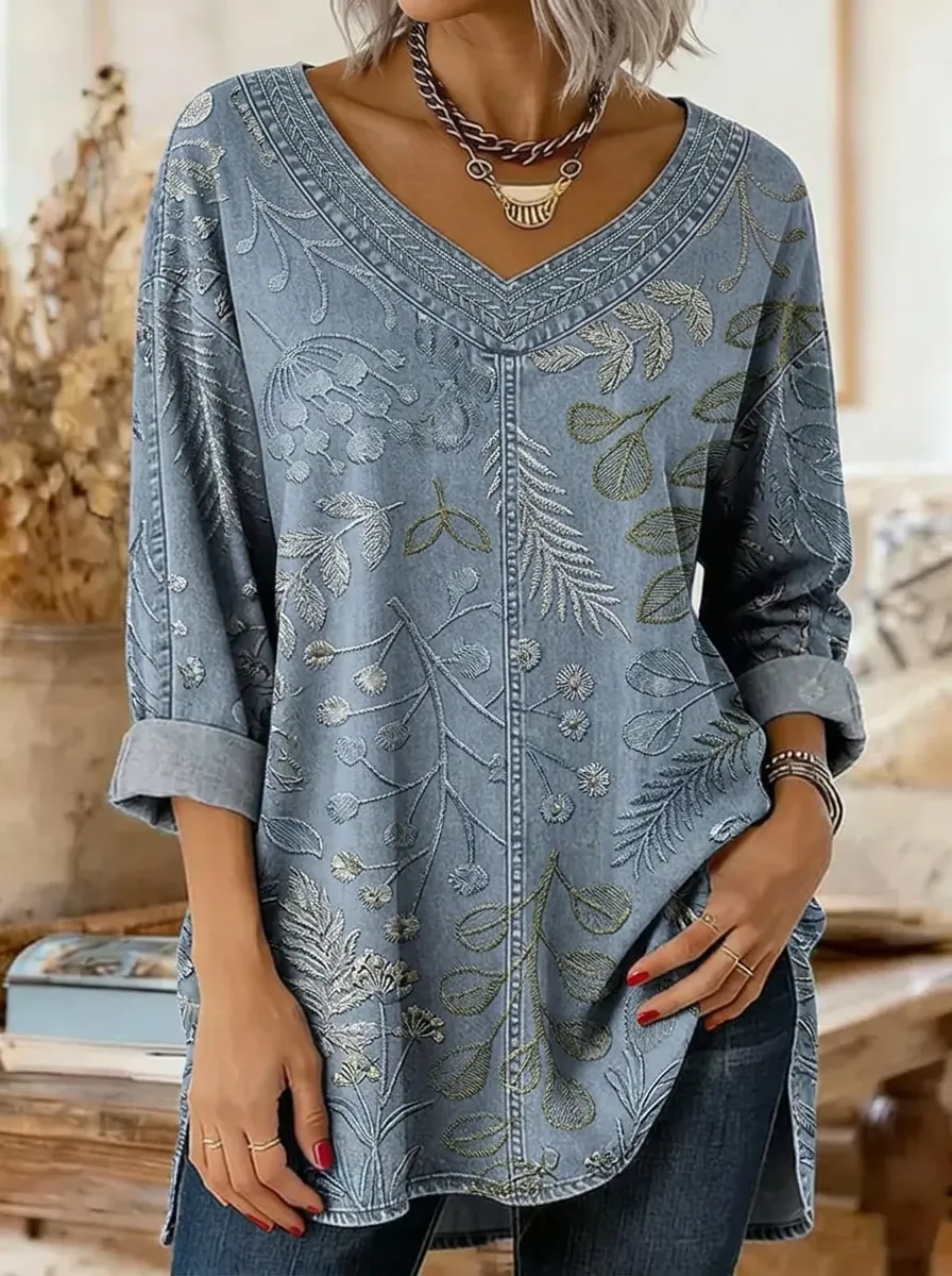 Women's Nashville Botanical Floral Printed V-Neck Top
