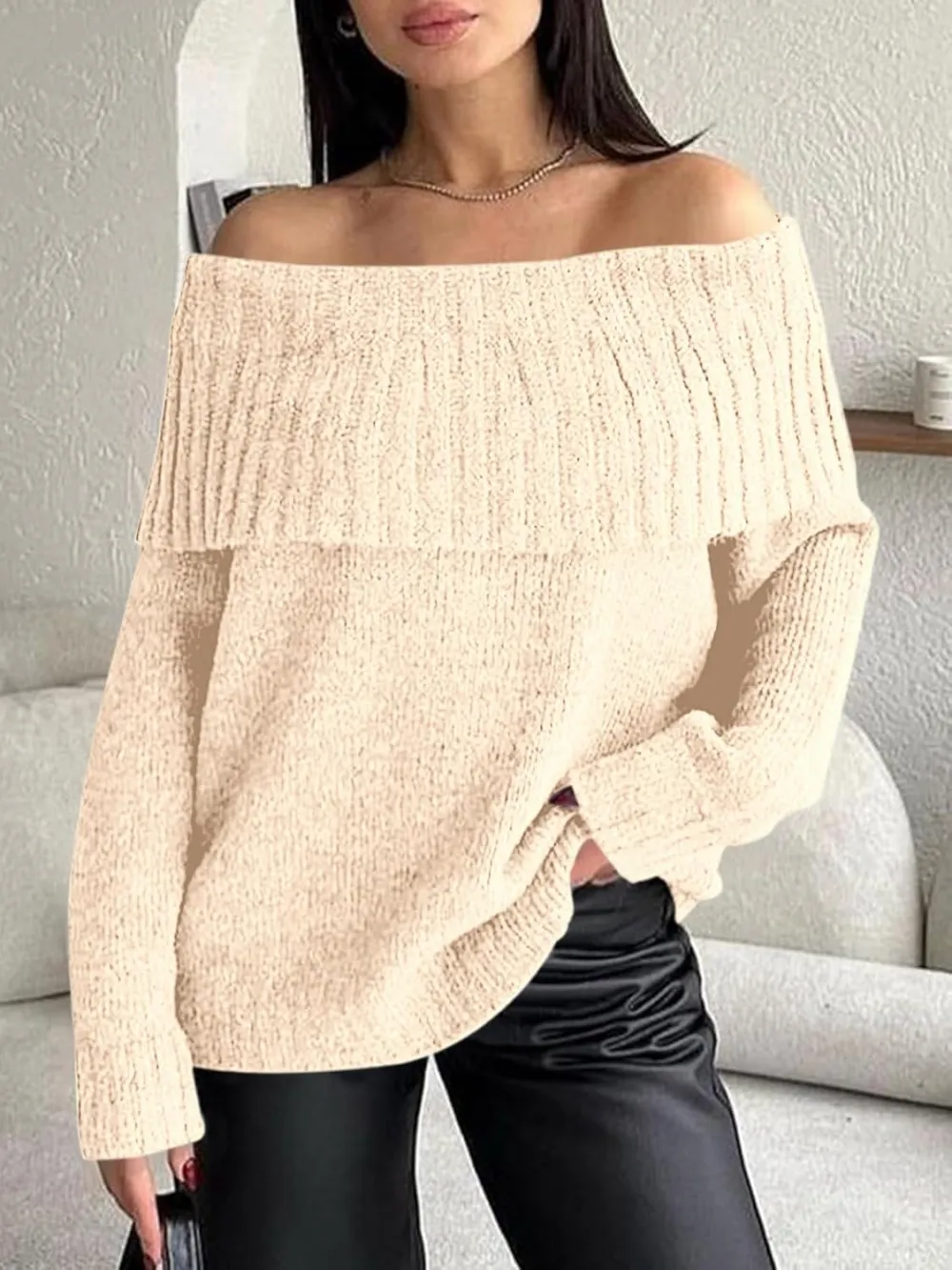 🎄Hot Sale Off The Shoulder Sweaters Long Sleeve Slouchy Knitted Casual Loose Fall Trendy Pullover Tops
