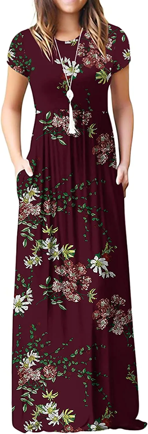 Women's Short Sleeve Loose Plain Maxi Dresses Casual Long Dresses with Pockets
