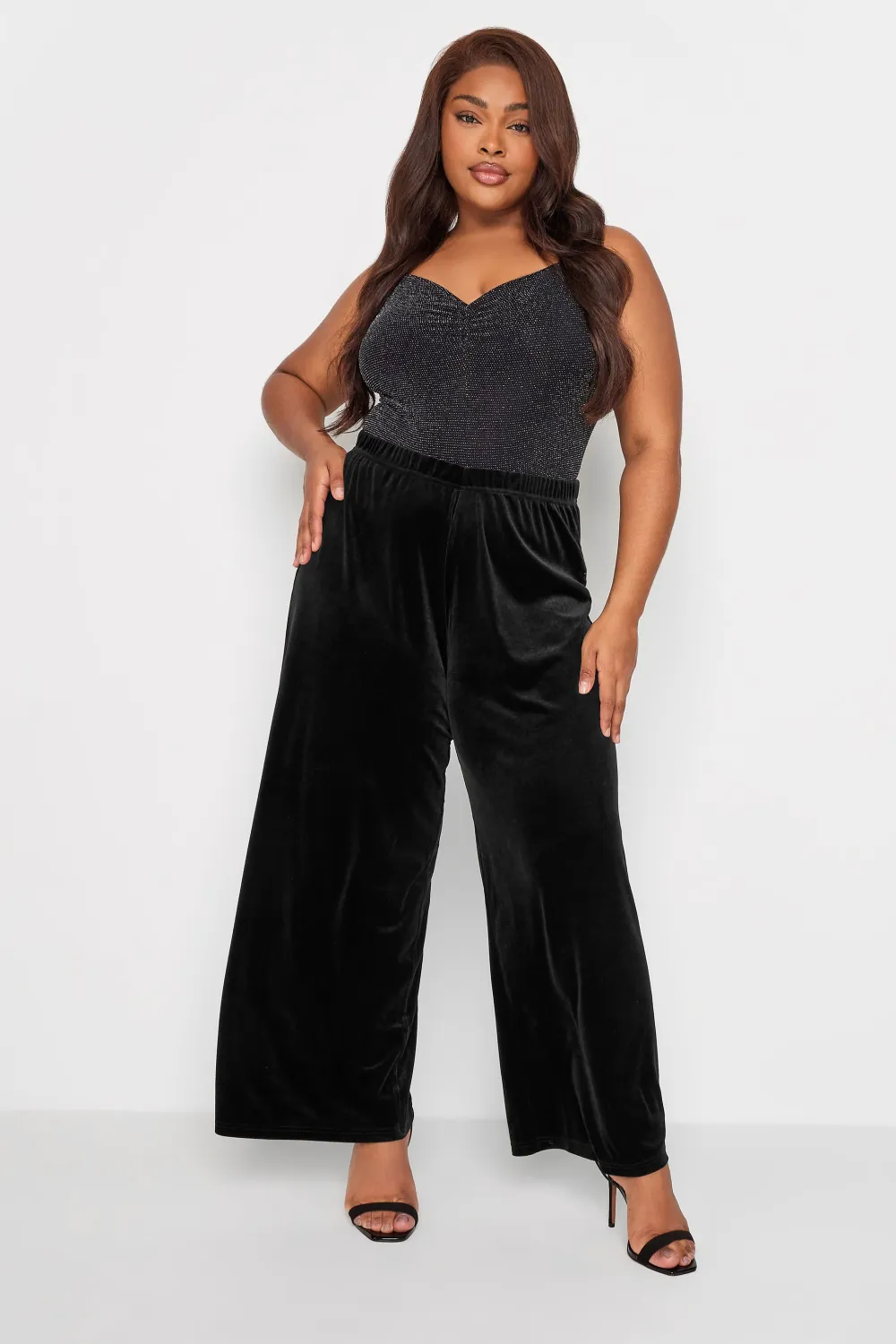 YOURS Curve Black Velvet Stretch Wide Leg Trousers