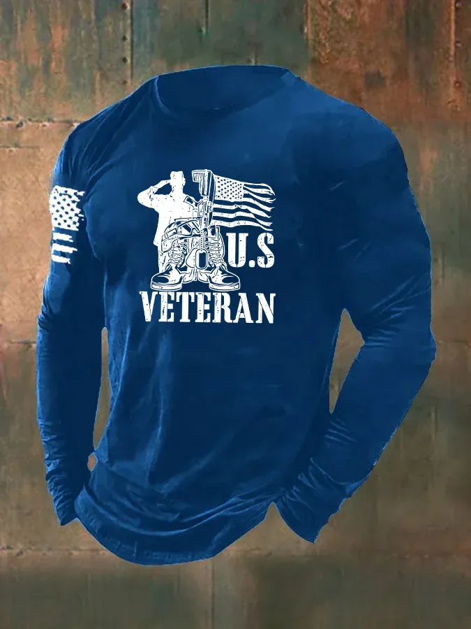 Men's US Veteran Pattern Long Sleeve 100% Cotton T-Shirt
