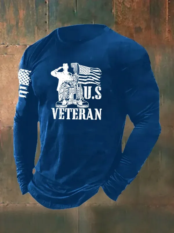 Men's US Veteran Pattern Long Sleeve 100% Cotton T-Shirt