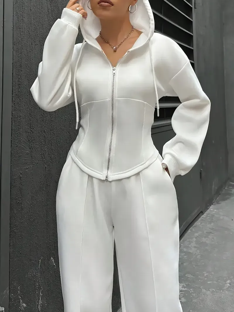 Women's Elegant Solid Color Polyester Hooded Tracksuit Set with Drawstring and Zipper Details – Knit Fabric Pantsuit for All Seasons