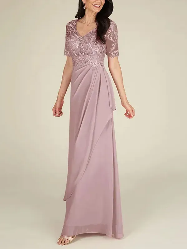 Floor-to-ceiling chiffon lace back zip bridal mom dress