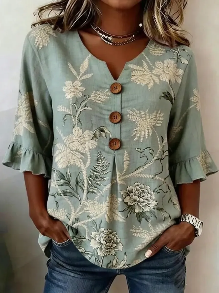 Women's Nashville Floral Botanical Printed V-Neck Button-Up Top