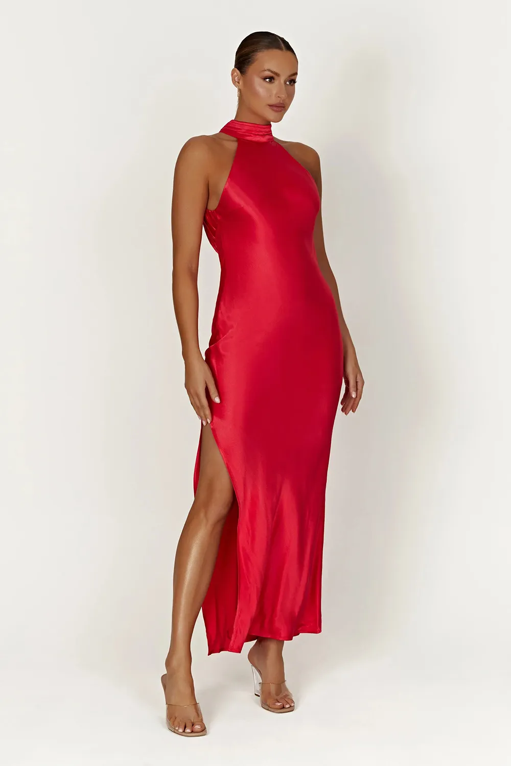 Satin Drape Back Maxi Dress with Split - Black