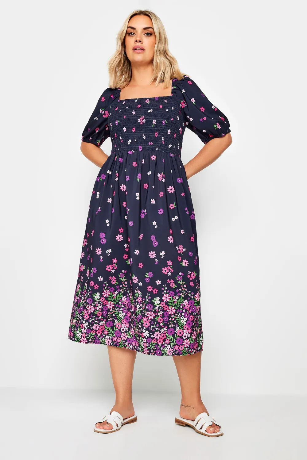 YOURS Curve Blue Floral Print Shirred Midaxi Dress