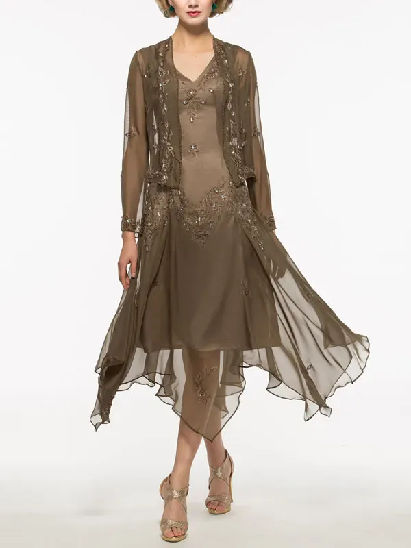 Embroidery Asymmetry Mother of the Bride Dress with Jacket