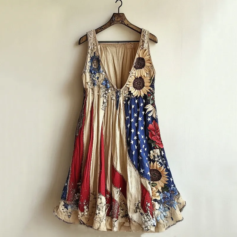 Women's Retro Independence Day Sunflower Art Casual Linen Midi Dress