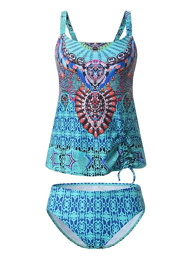 Women's Swimwear Tankini 2 Piece Normal Swimsuit 2 Piece Modest Swimwear Open Back Printing Color Block Blue Camisole Strap Bathing Suits New Vacation Fashion