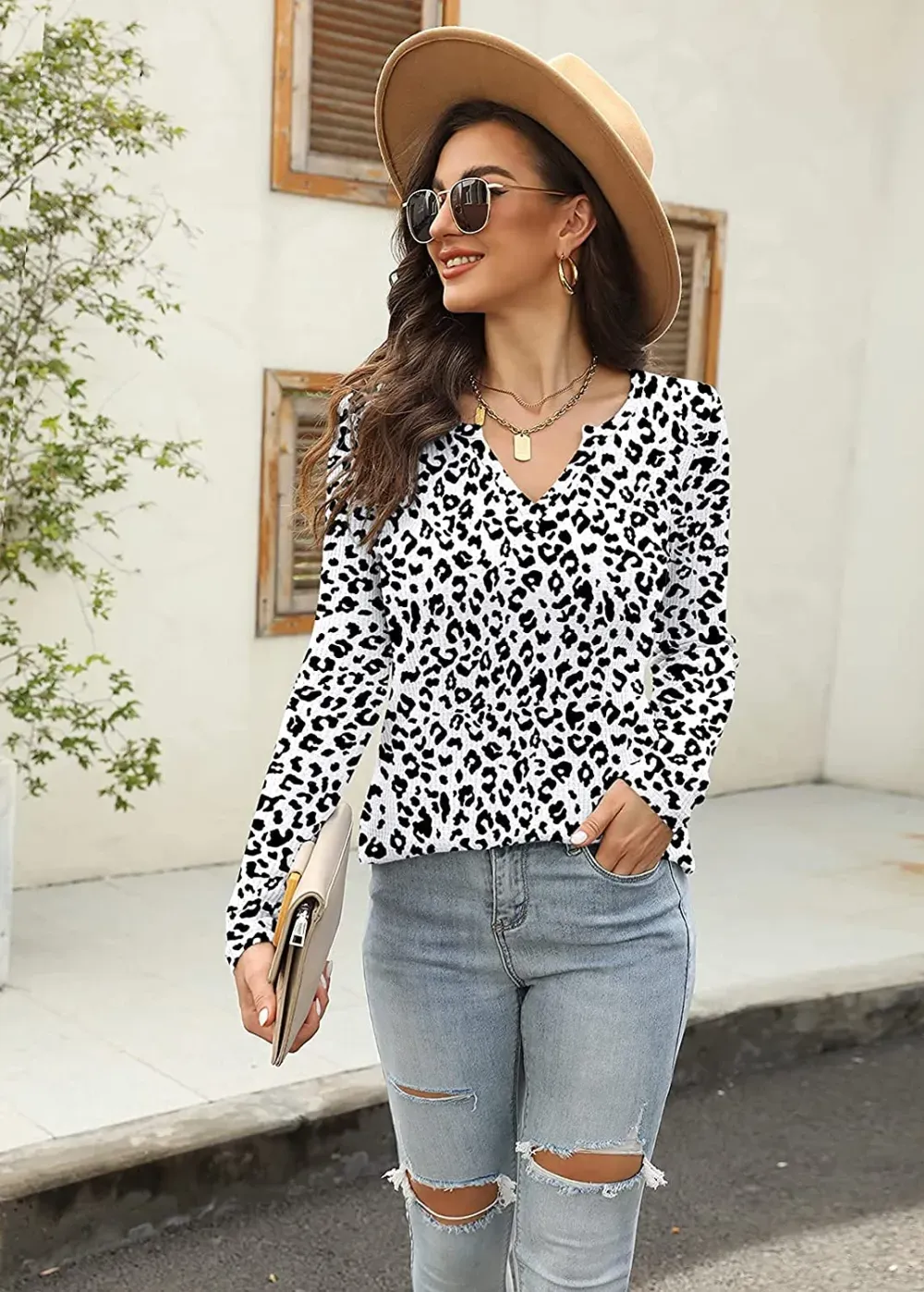 Women's V Neck Waffle Knit Henley Tops Casual Long Sleeve Pullover Sweater Blouses