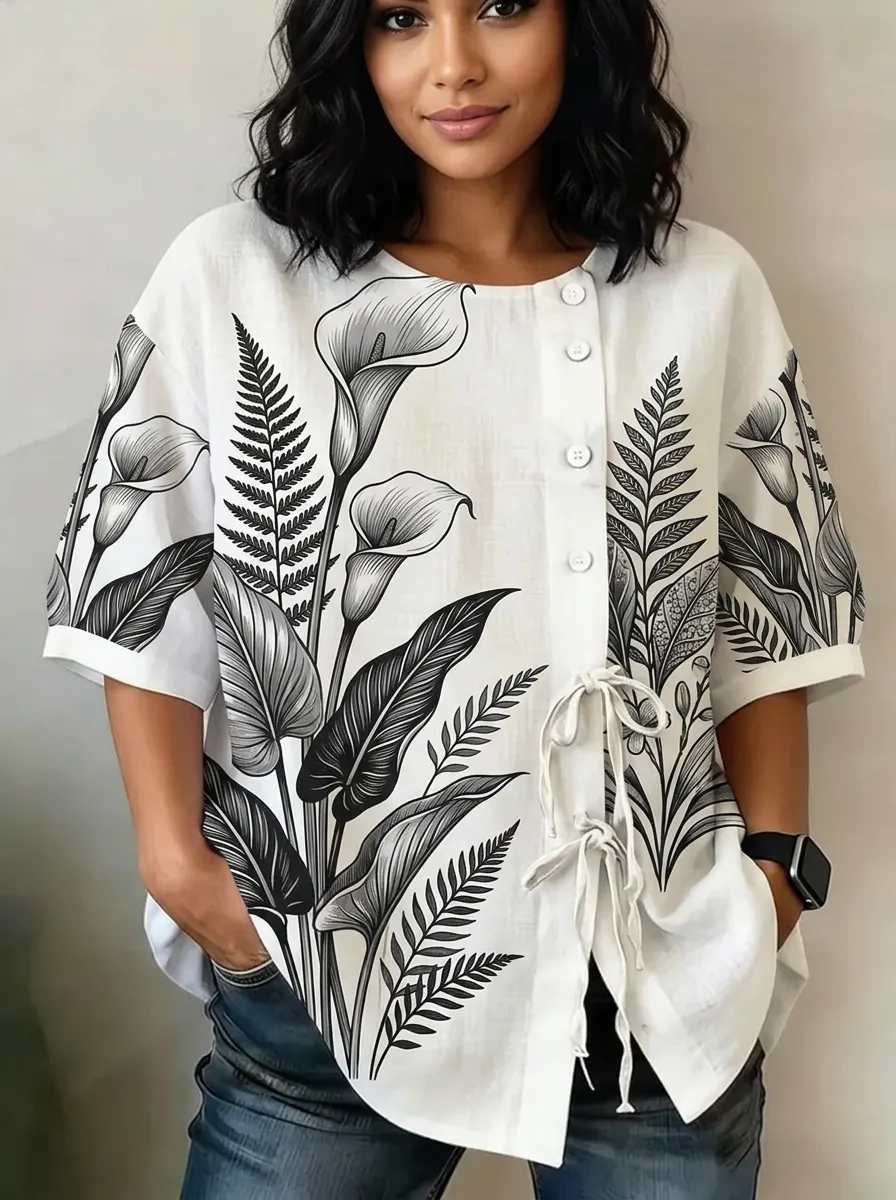 Women's Nashville Botanical Calla Lily Fern Printed Button-up Top