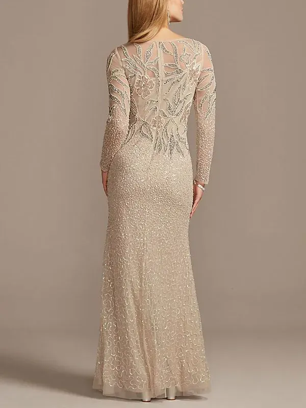 Beaded Scoopneck Illusion Long Sleeve Sheath Dress