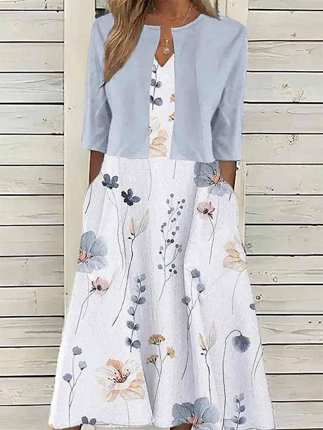 Women's Two Piece Dress Set Casual Dress Print Dress Outdoor Daily Fashion Elegant Pocket Print Midi Dress V Neck Half Sleeve Floral Regular Fit Pink Blue Purple Summer Spring S M L XL XXL