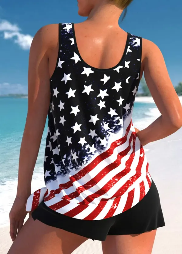 Black Bowknot Mid Waisted American Flag Print Tankini Set