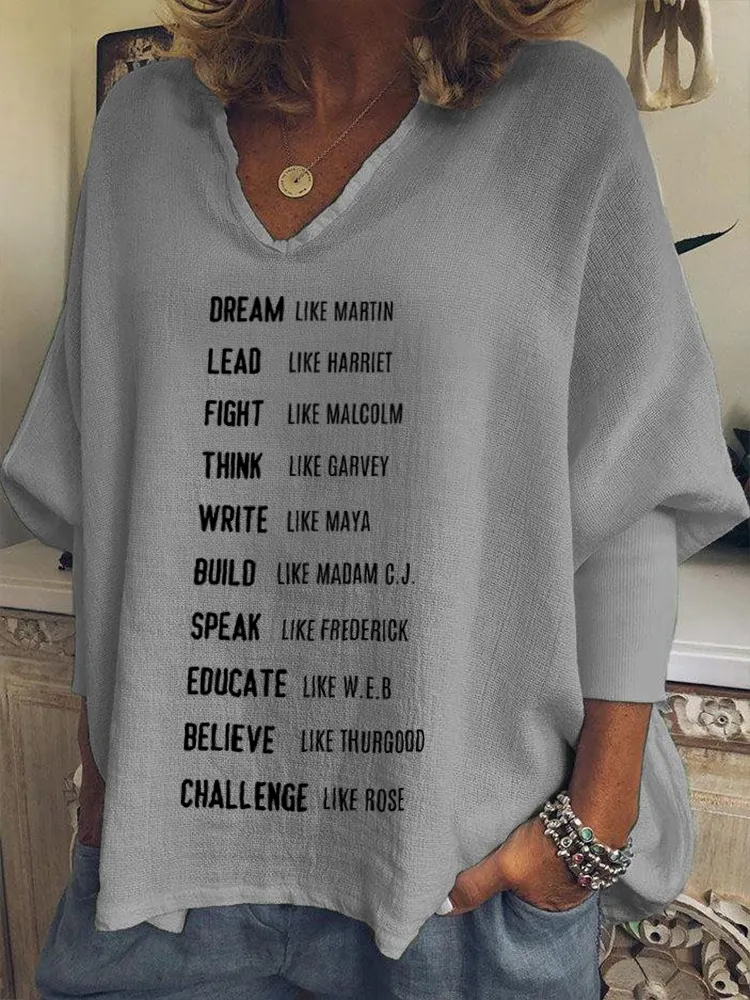 Women'S Dream Like Martin Fight Like Malcom Lead Like Harriet Think Like Garvey Build Like Madam C.J. Speak Like Frederick Educate Like W.E.B. V-Neck T-Shirt