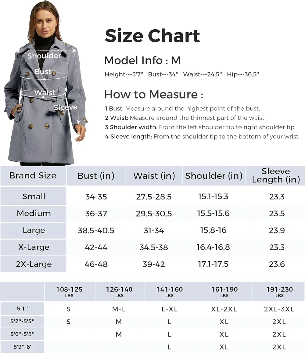 Women's Double Breasted Pea Coat Winter Mid-Long Trench Coat with Belt