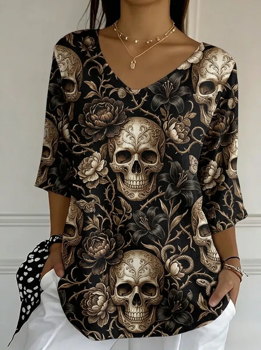 Women's Nashville Gothic Skull Floral Printed V-neck Top