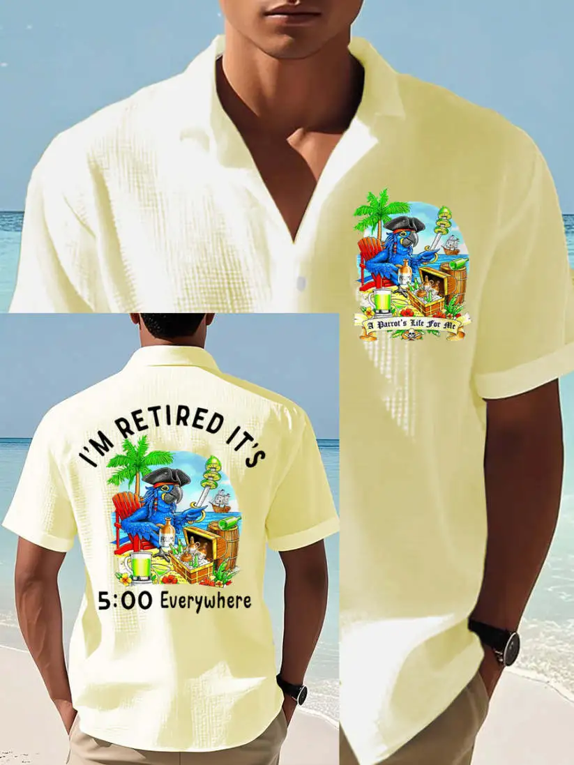 Men's I'm Retired It's 5 O'clock Everywhere Parrot Print Casual Waffle Short-Sleeve Shirt