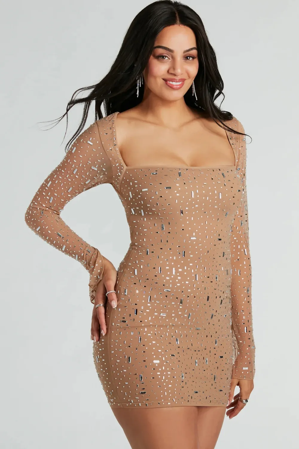 Dazzling Glam Long Sleeve Rhinestone Mesh Mini Dress