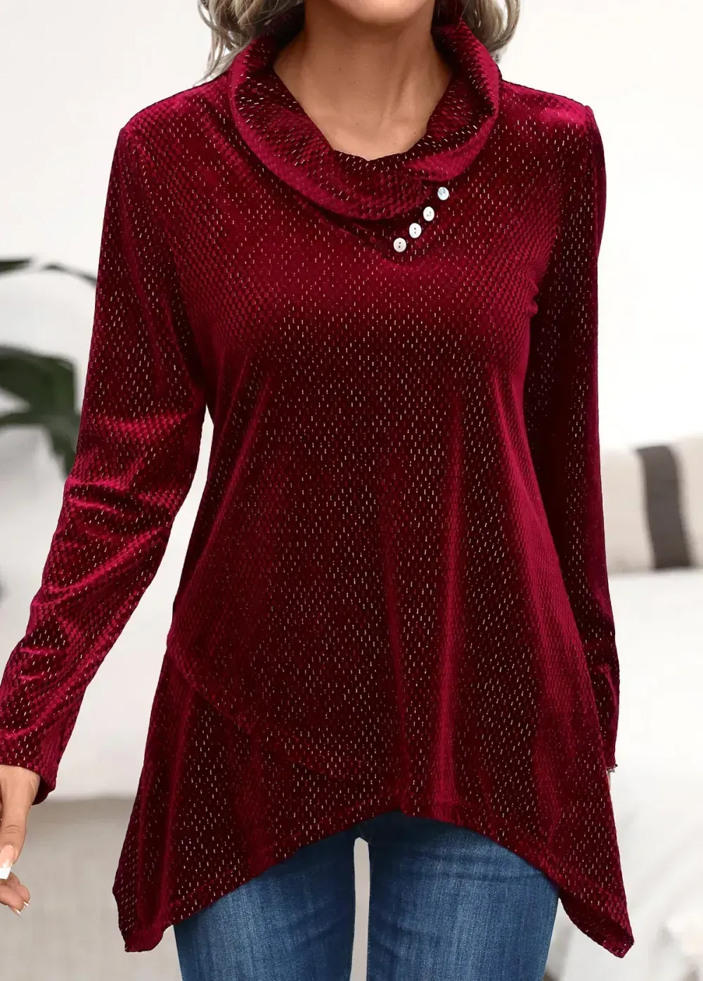 Wine Red Shinning Long Sleeve Asymmetrical Neck Sweatshirt