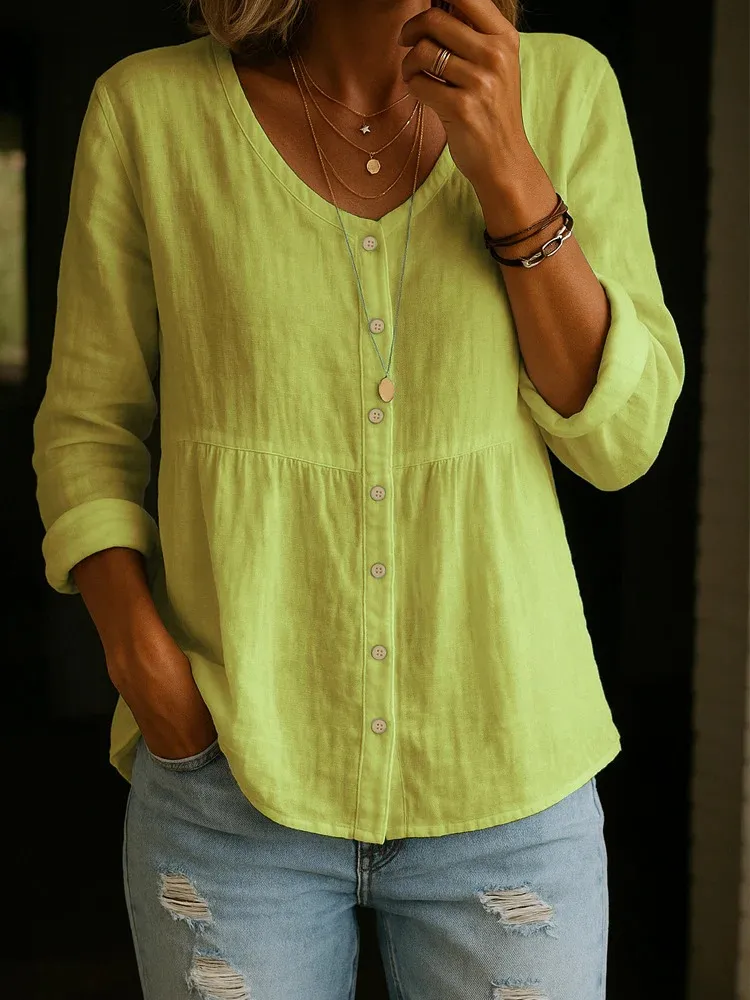 Women's Linen Cotton Blend Shirt - 3/4Sleeve Crew Neck Loose Hip-Length CasualBlouse