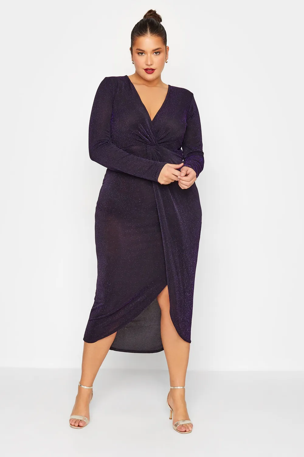 LTS Tall Black & Purple Glitter Twist Wrap Midi Dress