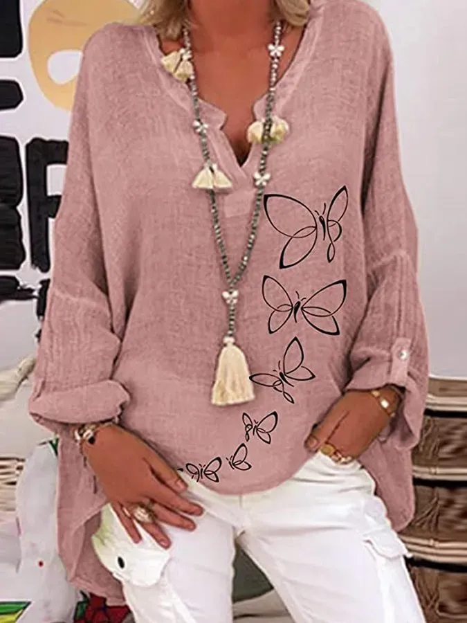 Ladies Cotton Linen V-Neck Plus Size Printed Shirt