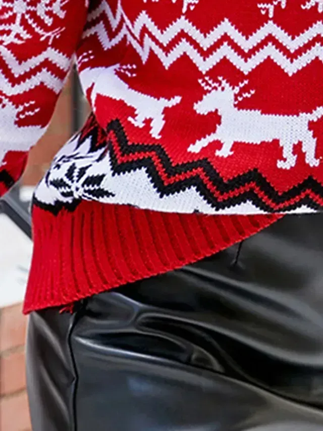 Women's Ugly Christmas Sweater Pullover Sweater Jumper Crew Neck Ribbed Knit Acrylic Tassel Fall Winter Regular Daily Going out Xmas Stylish Casual Soft Long Sleeve Elk Snowflake White Red S M L