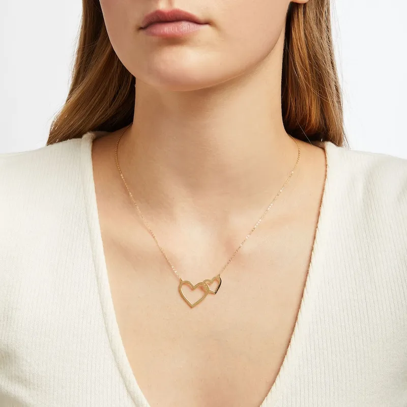 Double Heart Necklace 10K Yellow Gold 16