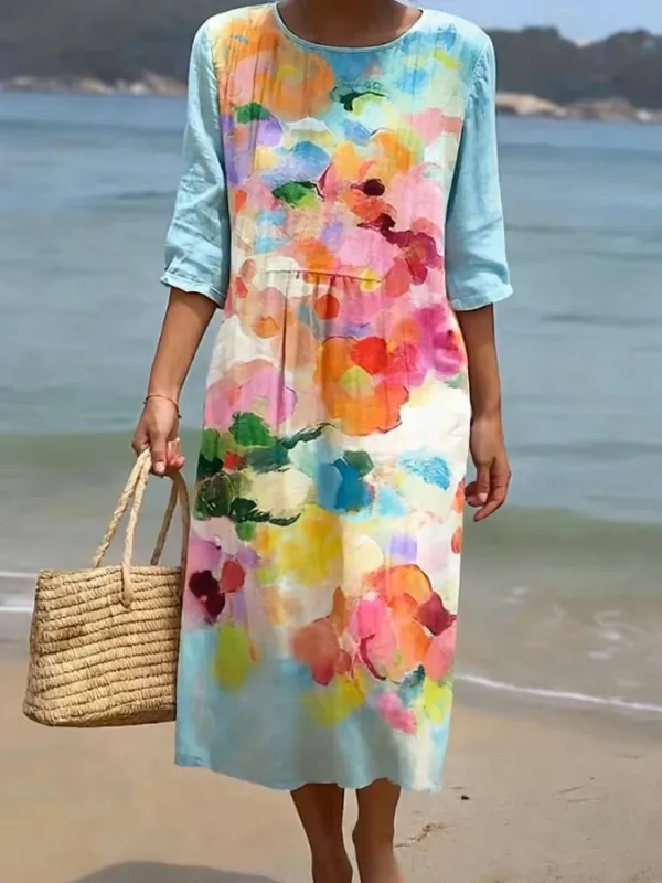 Women'S Casual Round Neck Mid Sleeve Printed Cotton And Linen Dress