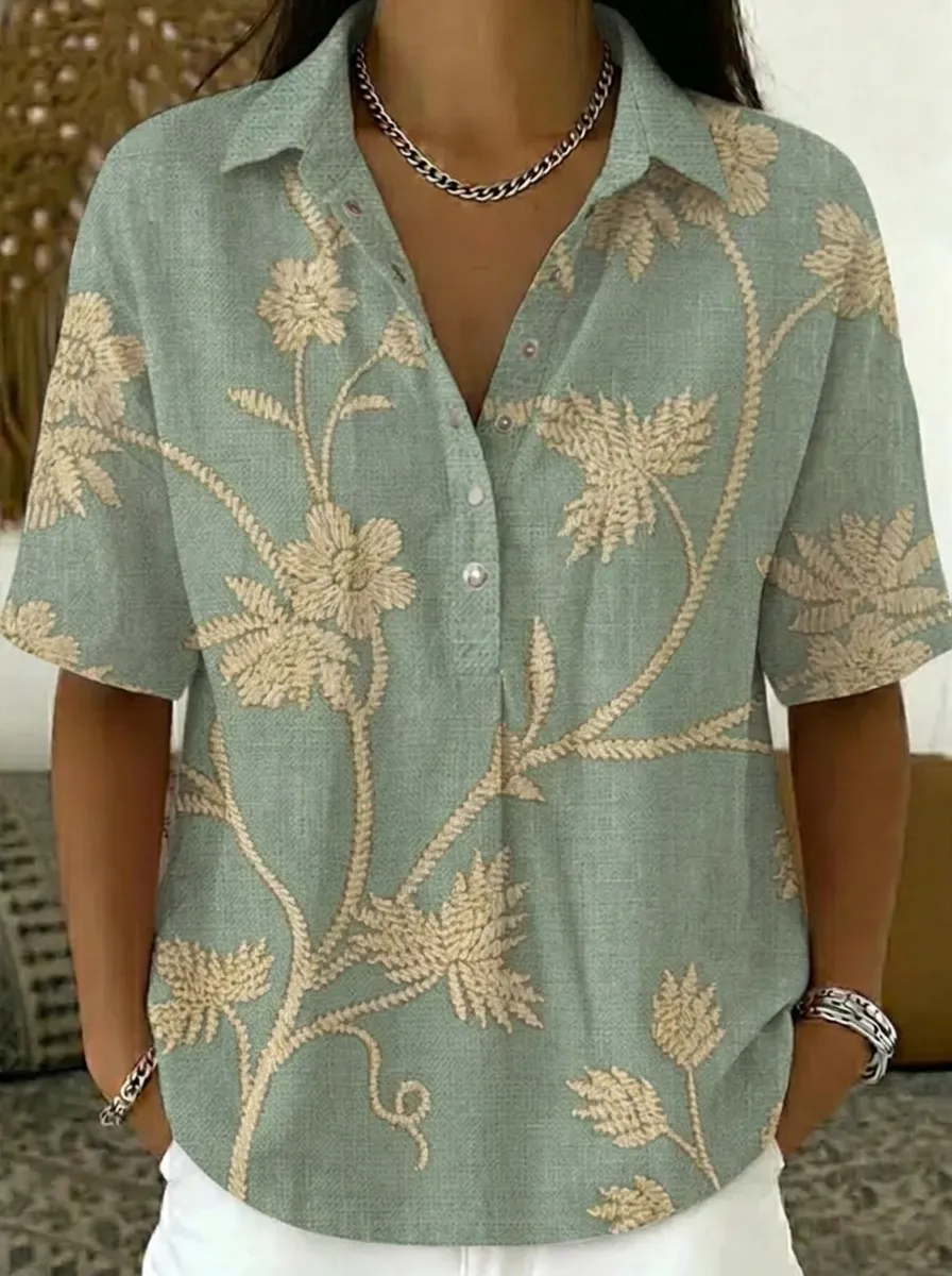 Women's Nashville Floral Botanical Printed V-neck Shirt