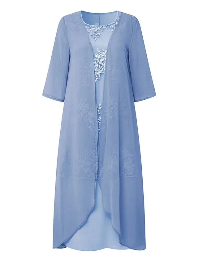 Women's Dress Set Lace Dress Midi Dress Light Blue Green Gray Half Sleeve Floral Embroidered Layered Patchwork Summer Spring Fall Crew Neck Elegant Chinoiserie 2023 M L XL XXL XXXL 4XL 5XL