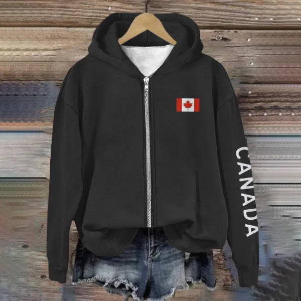Women's Canadian Flag Print Casual Zip Hoodie