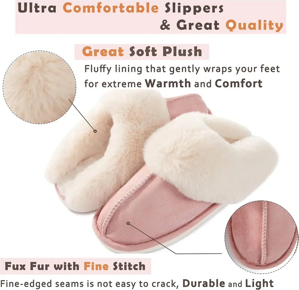 Womens Slipper with Memory Foam Fluffy Soft Warm Slip On House Slippers Anti-Skid Cozy Plush for Indoor Outdoor